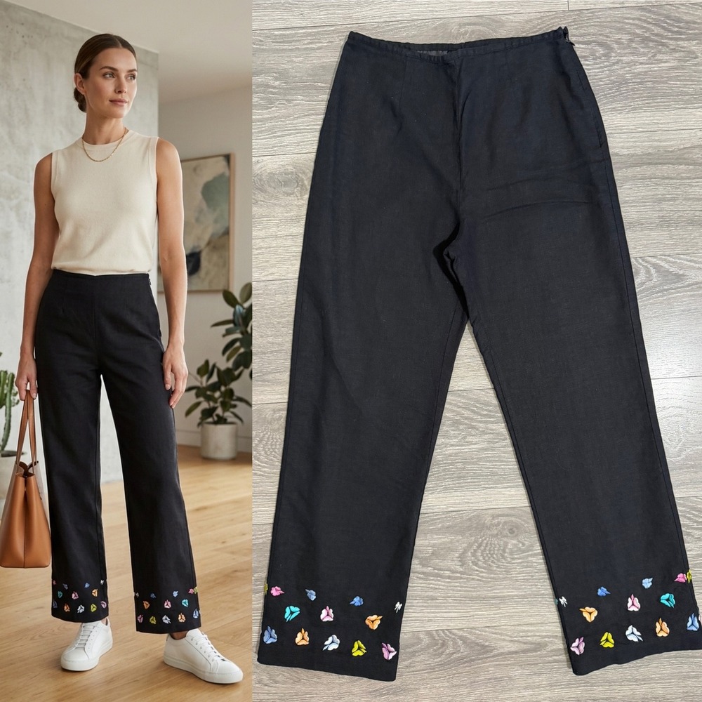 Nicole Studio Vintage 90s Pants Siz 6 Black Linen Blend Embroidered Hem Straight